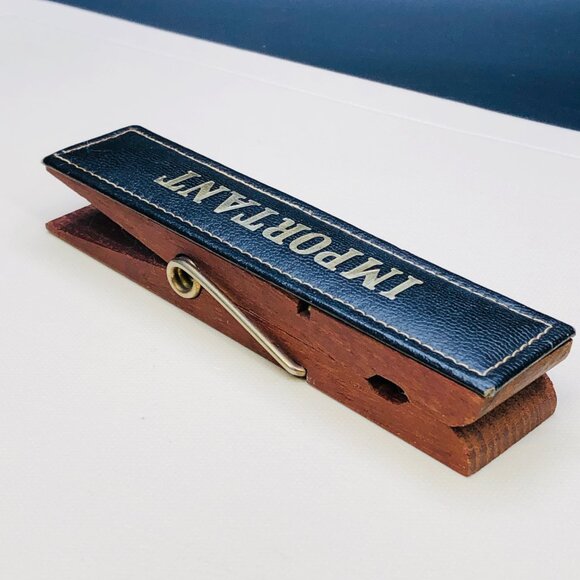 Vintage Oversized Wood and Leather Clothespin IMPORTANT Memo Paperclip: Denmark - Picture 4 of 11
